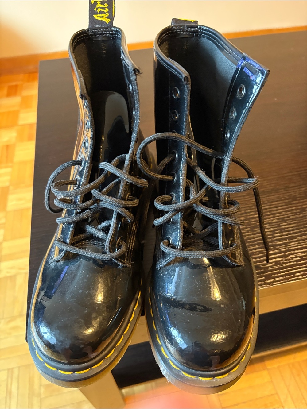 Dr. Martens Black Patent Leather Lace-Up Combat Boots with Yellow Stitching